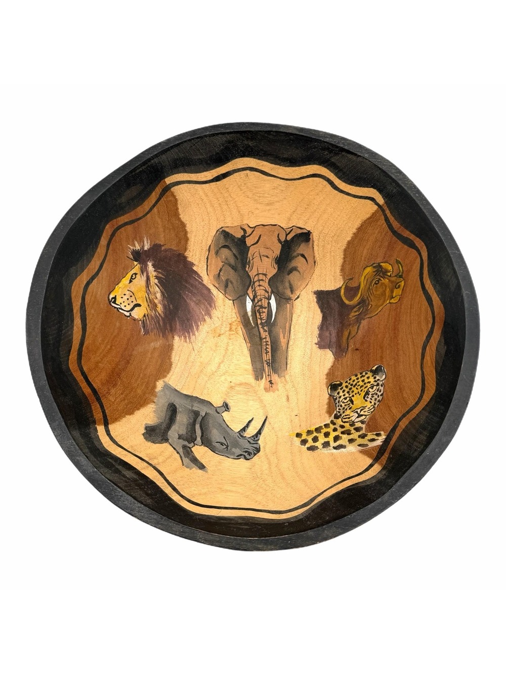 Vintage Hand-Carved African Safari 12.25” Wood Bowl “Big Five” Animals